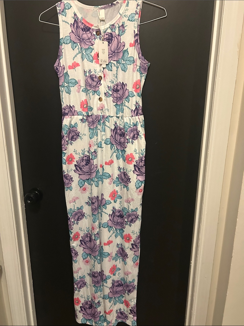 PatPat White Floral Sleeveless Jumpsuit with Purple & Teal Flowers